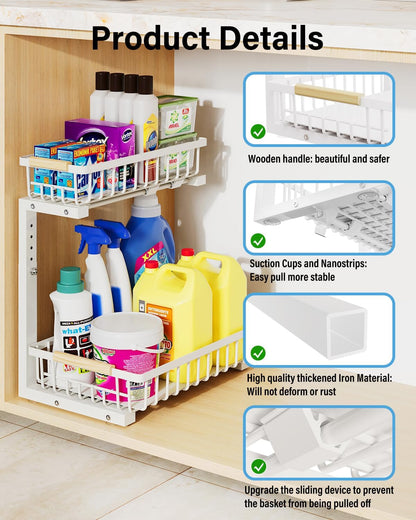 Under Sink Organizer Storage for Families: Pull Out Storage Undersink Organizers Drawer Cabinet - Sliding 2 Tier Rack Metal Organization Under Counter Kitchen Bathroom for Homemakers(White,1 Pack)