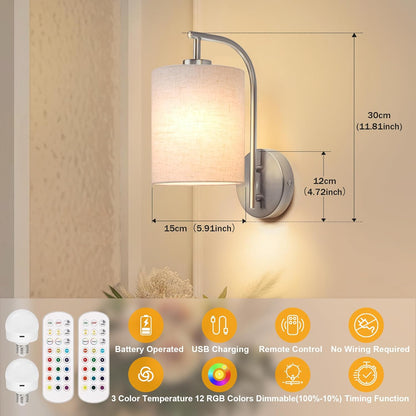 MATAMEYE Battery Operated Wall Sconce Set of 2, Black Rechargeable Wireless Wall Light Fixture with Remote, 12 RGB Colors & Timer, Indoor Dimmable Wall Lamp with Linen Shade