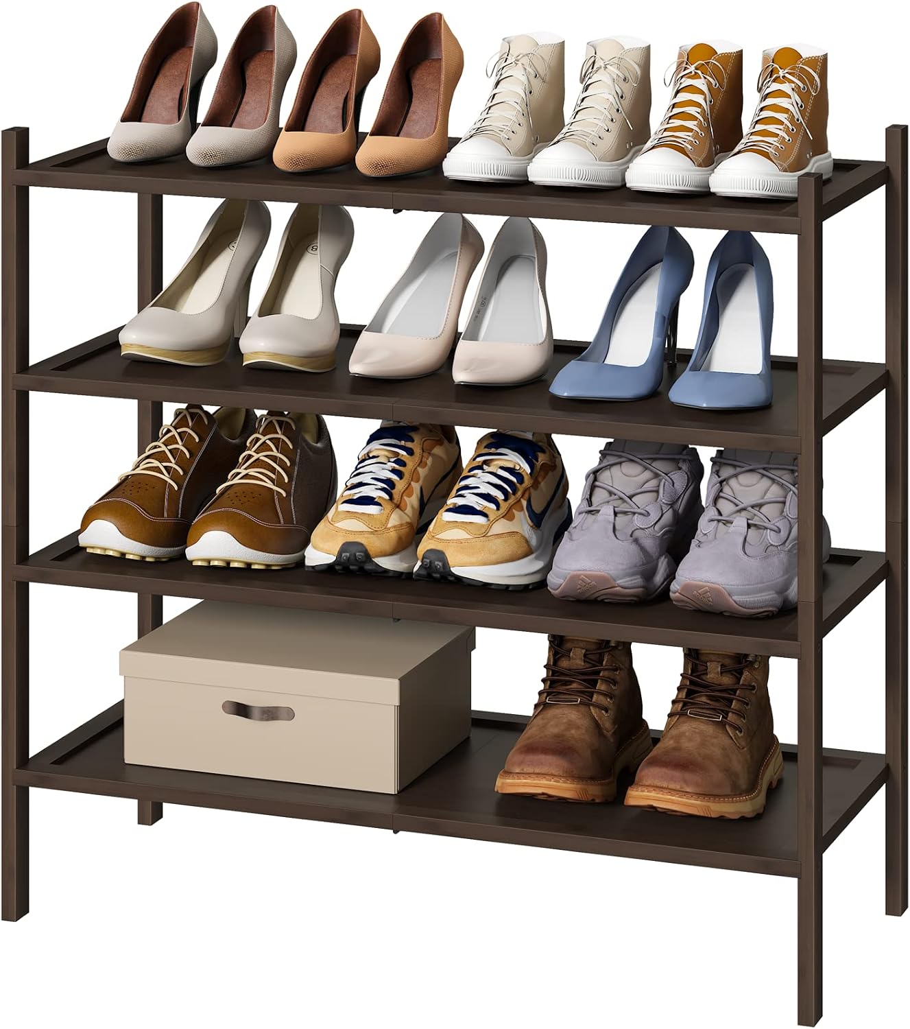 kiplant Small Shoe Rack, 4-Tier Bamboo Wood Shoe Rack for Entryway, Stackable Shoe Organizer for Hallway Closet, Free Standing Shoe Racks for Indoor & Outdoor