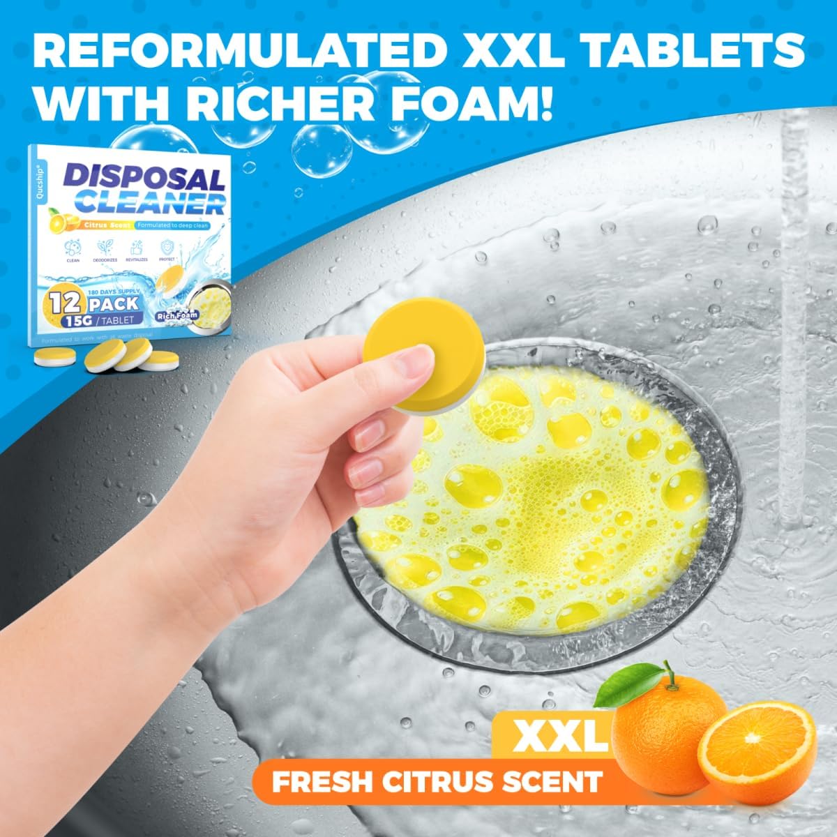 Garbage Disposal Cleaner and Deodorizer Tablets - 24 Pack, Powerful XXL Foaming Disposal Cleaner - Citrus Scented Foam, Natural Garburator & Sink Freshener, Septic Safe Kitchen Drain Cleaning Care