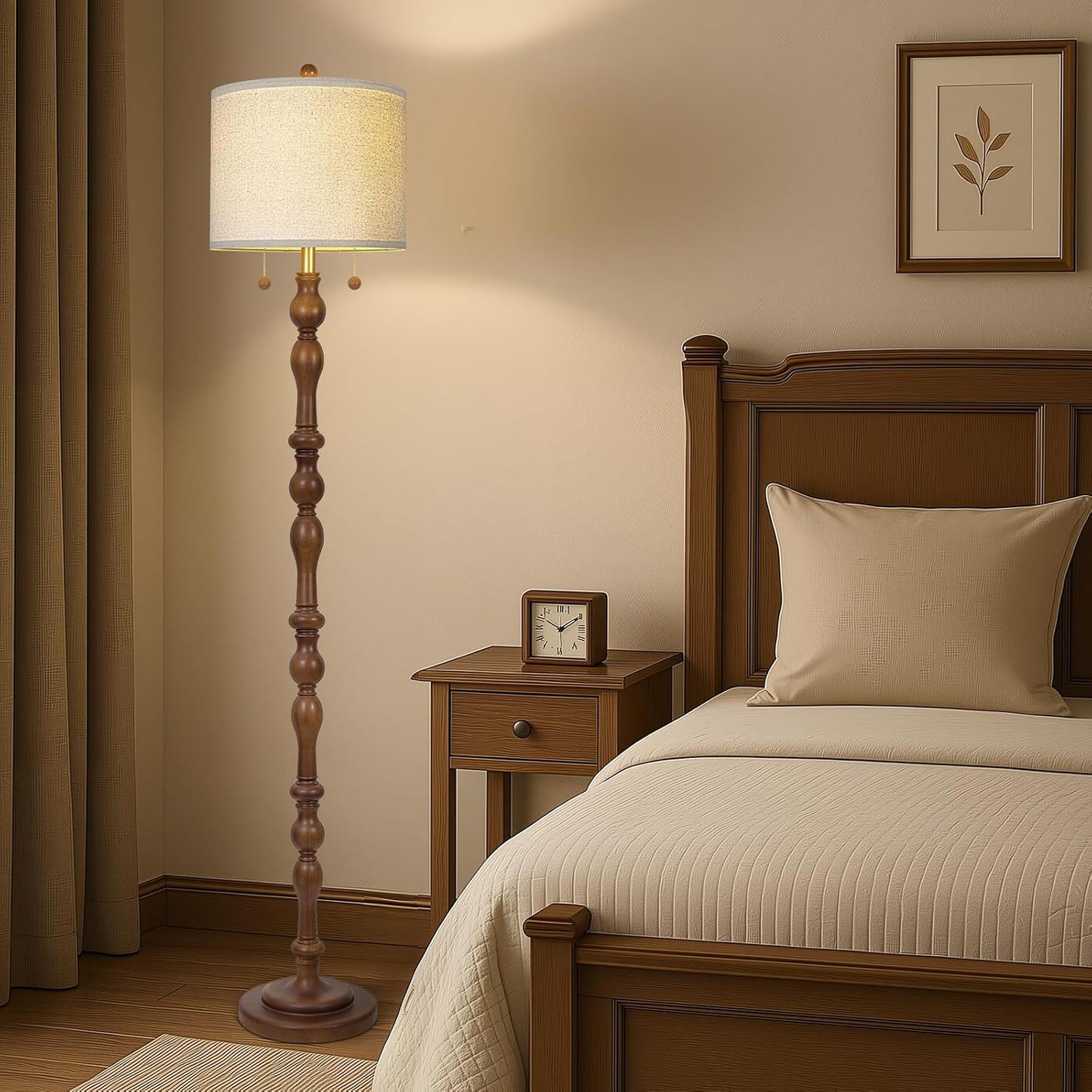 Scenekoy 65.5” Natural Real Wood Floor Lamp for Living Room Bedroom, Dual S Cluster Socket, Pull Chains Switch, Farmhouse Tall Standing Lamp with Linen Shade for Home Room Decor (Bulbs Included)