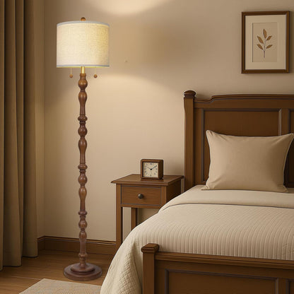 Scenekoy 65.5” Natural Real Wood Floor Lamp for Living Room Bedroom, Dual S Cluster Socket, Pull Chains Switch, Farmhouse Tall Standing Lamp with Linen Shade for Home Room Decor (Bulbs Included)