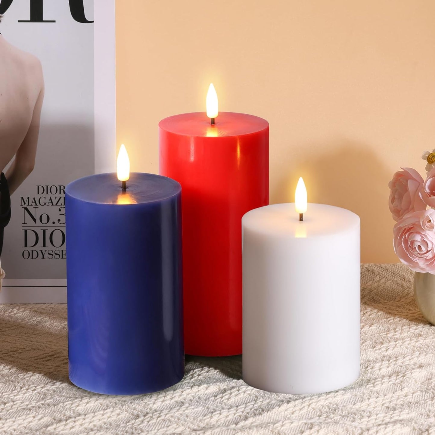Eywamage White Real Wax Flameless Pillar Candles with Remote, Flickering Flat Top LED Battery Candles Set of 3