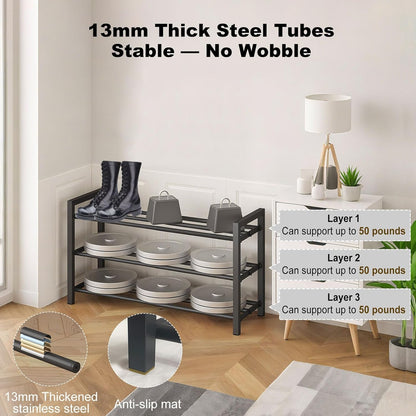 Detsuk 4-Tier Expandable Shoe Rack – Adjustable Metal Shoe Organizer for Closet, Entryway & Mudroom – Stackable, Heavy-Duty Storage, Black