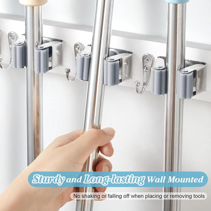 White Broom Holder Wall Mount - Heavy Duty Wood Mop and Broom Organizer with 5 Slots & 4 Hooks - Garden Tool Hanger for Laundry Room Closet Kitchen Garage Storage and Organization - Modern Home Decor
