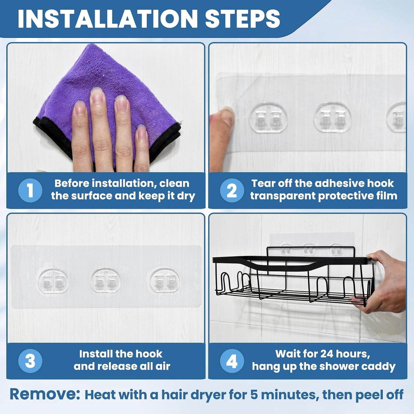 18 Pack Shower Caddy Adhesive Replacement, Shower Shelf Strong Adhesive Hooks, No Drilling, Transparent WaterProof Strips for Bathroom Shelves & Kitchen Racks