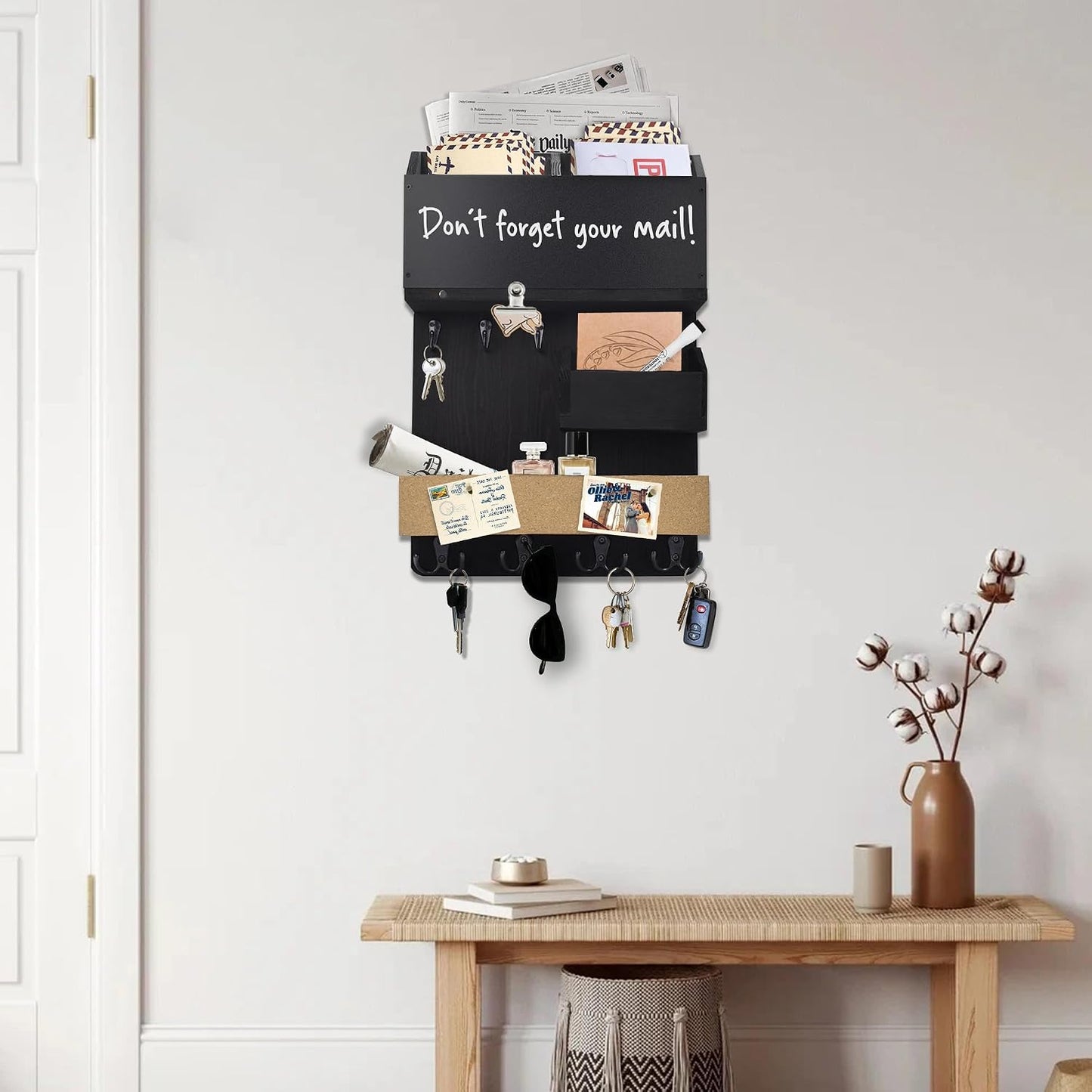 Key Holder for Wall Mount with Shelf and Mail Organizer, Key and Mail Holder with 16 Hooks, Farmhouse Entryway Organizer, Home Decor Rack (Pine Wood, Black)