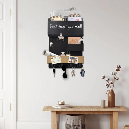 Key Holder for Wall Mount with Shelf and Mail Organizer, Key and Mail Holder with 16 Hooks, Farmhouse Entryway Organizer, Home Decor Rack (Pine Wood, Black)