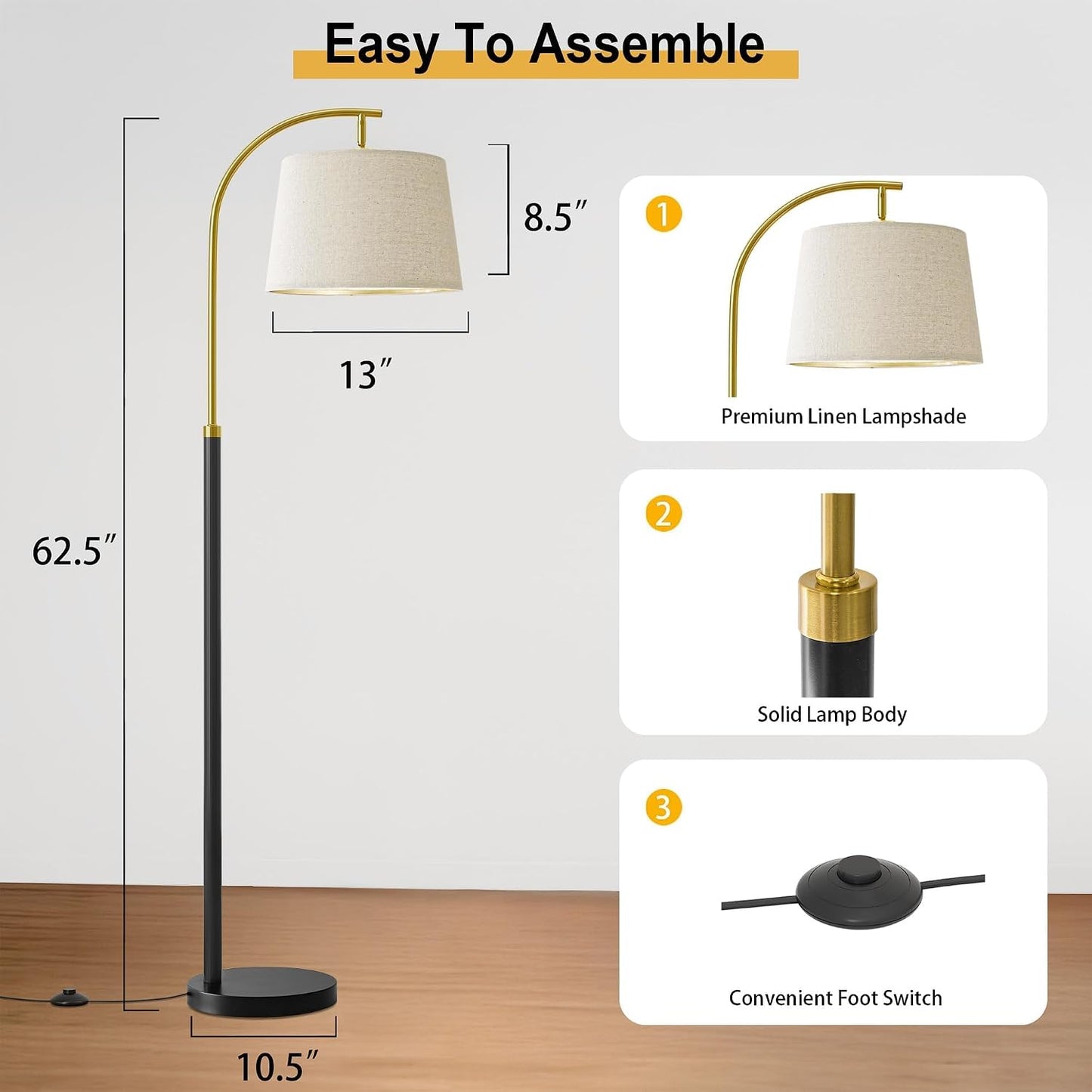 G-SAFAVA Real Wood Floor Lamps for Living Room Bedroom, 62.5" Mid Century Modern Lamp Gold Standing Tall Arc Lamps with Foot Switch, Floor Lamps for Nursery Office Decor Corner Reading Room Light