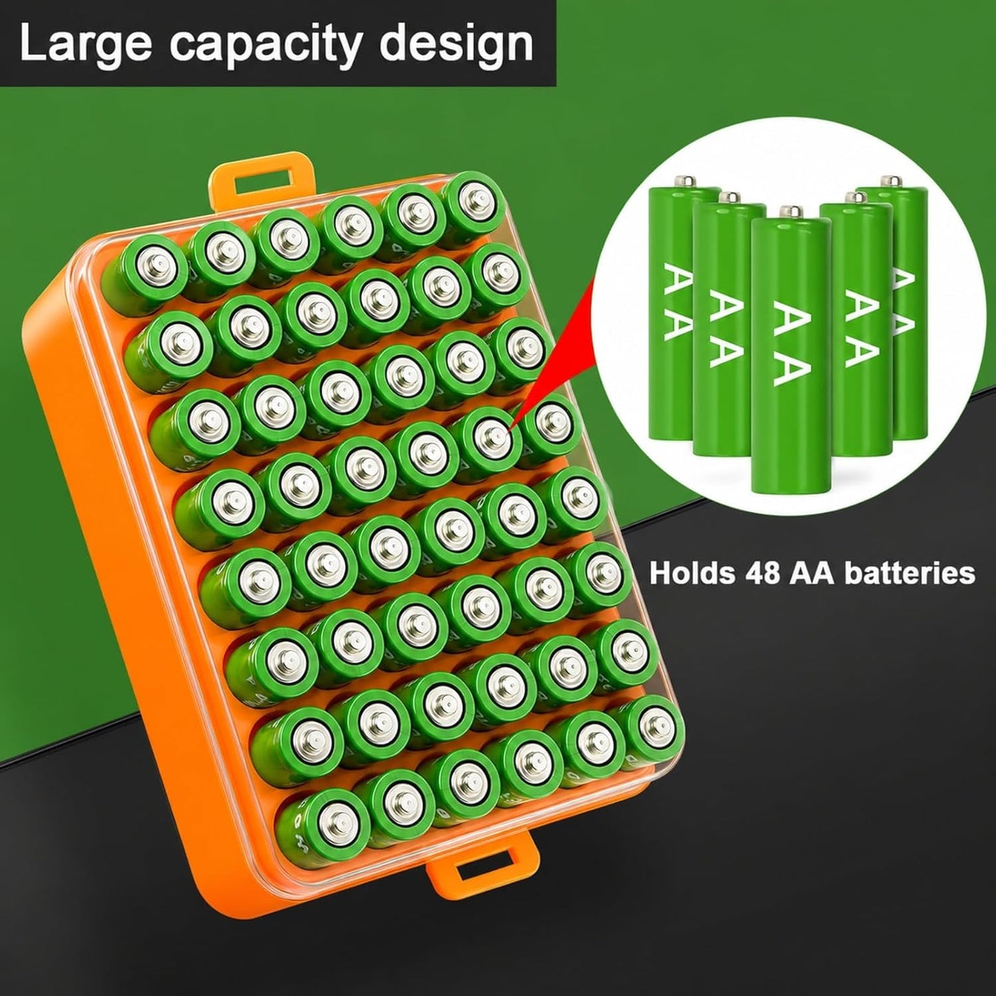 ALCYON Battery Organizer Storage Case, Battery Vault Box Container for 48pcs AA Batteries, Plastic Clear Protective Battery Holder for Travelling/Home/Office (Black, Large)