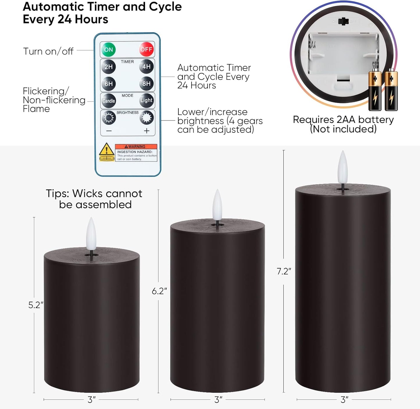 Homemory White Flameless Candles Battery Operated with Remote Timer, 3x3 Real Wax LED Pillar Candle for Home Fireplace Bedroom Living Room Party, Set of 3