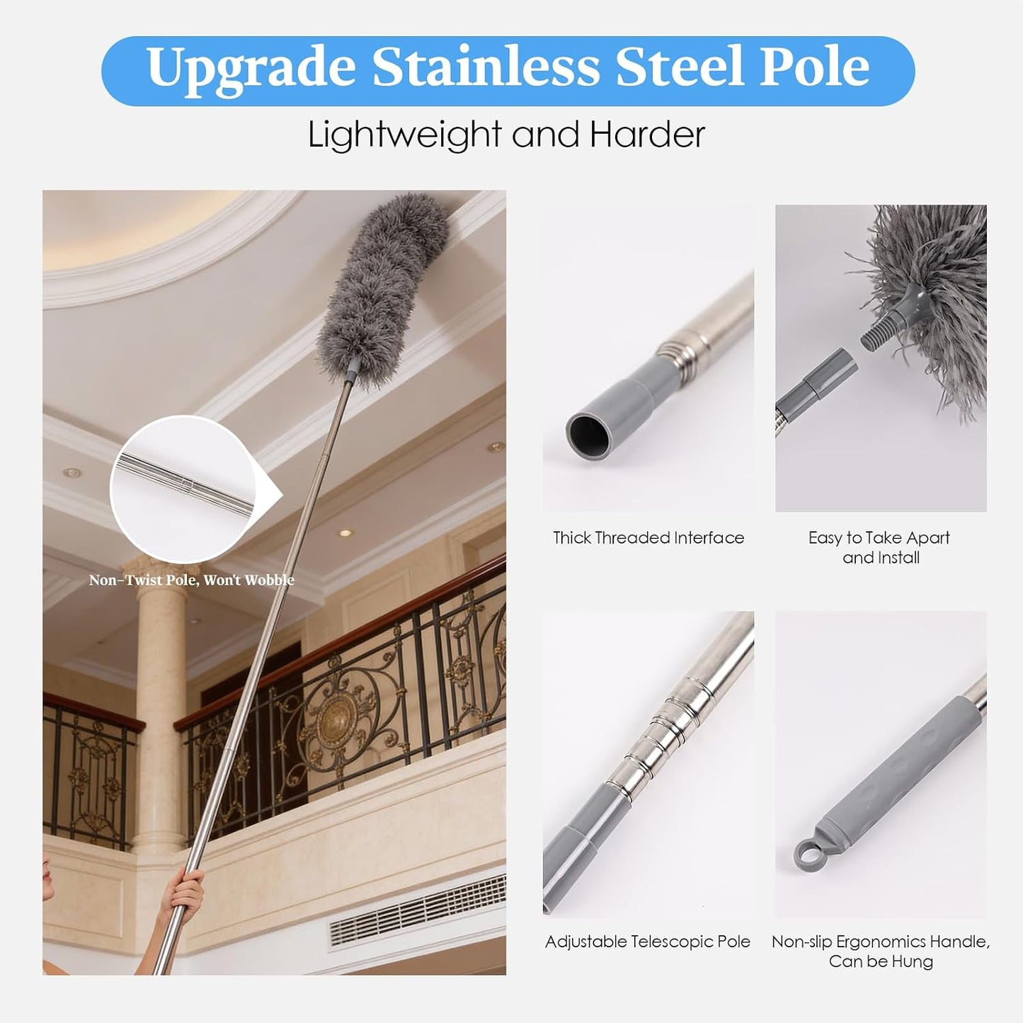 Microfiber Feather Duster 5-in-1 Kit with Extension Pole, Washable Cleaning Duster Set with 3 Duster Heads, Cobweb Duster, Corner Brush, 100'' Extendable Long Duster for High Ceilings, Fans, Furniture