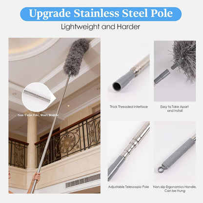 Microfiber Feather Duster 5-in-1 Kit with Extension Pole, Washable Cleaning Duster Set with 3 Duster Heads, Cobweb Duster, Corner Brush, 100'' Extendable Long Duster for High Ceilings, Fans, Furniture