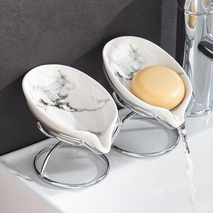 Dobbyby Leaf-Shaped Soap Dish – Premium Ceramic Soap Bar Holder with Self-Drainage System – Bar Soap Holder for Shower, Bathroom Sink, Kitchen – Waterfall Soap Dish with Stainless Steel Stand (SLIVER)