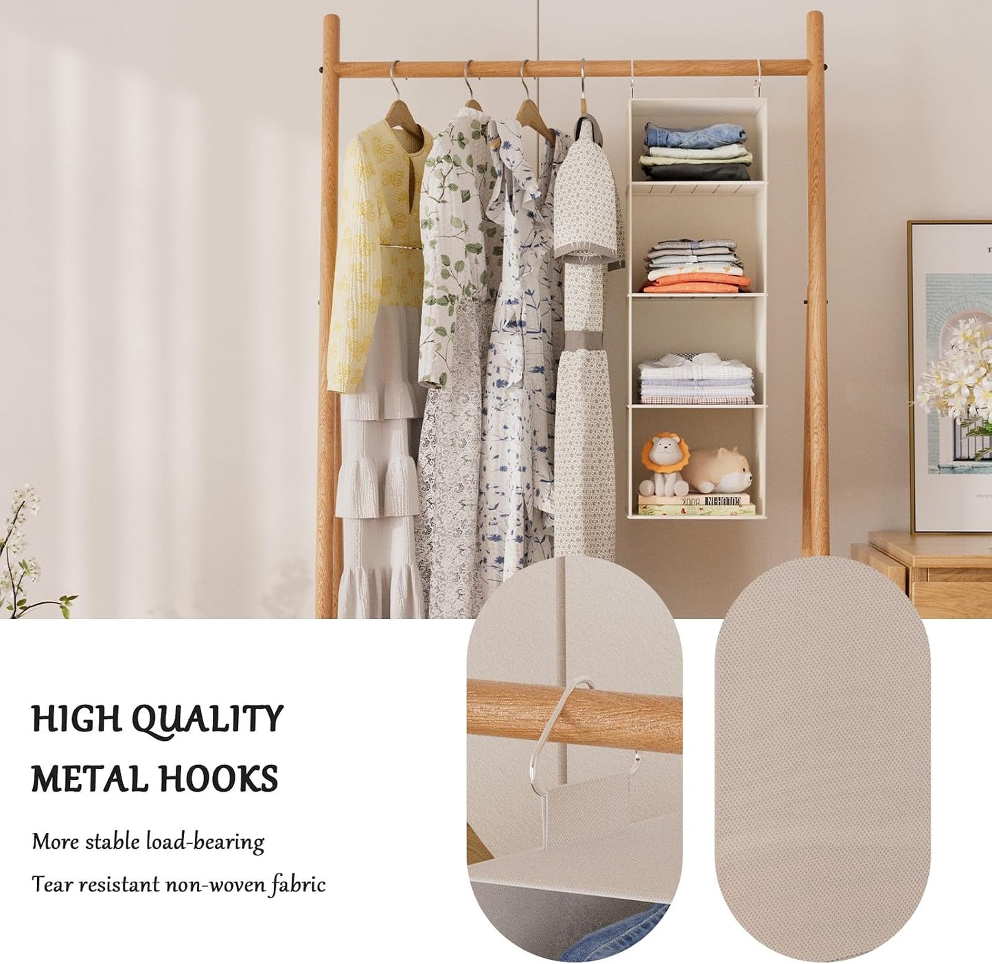 Hanging Shoe Organizer for Closet with 8 Shelves,Mesh Pockets-Wider Hanging Shelves for Shoes,Clothes,Hats with Sturdy Bamboo-Supported Design (Beige)