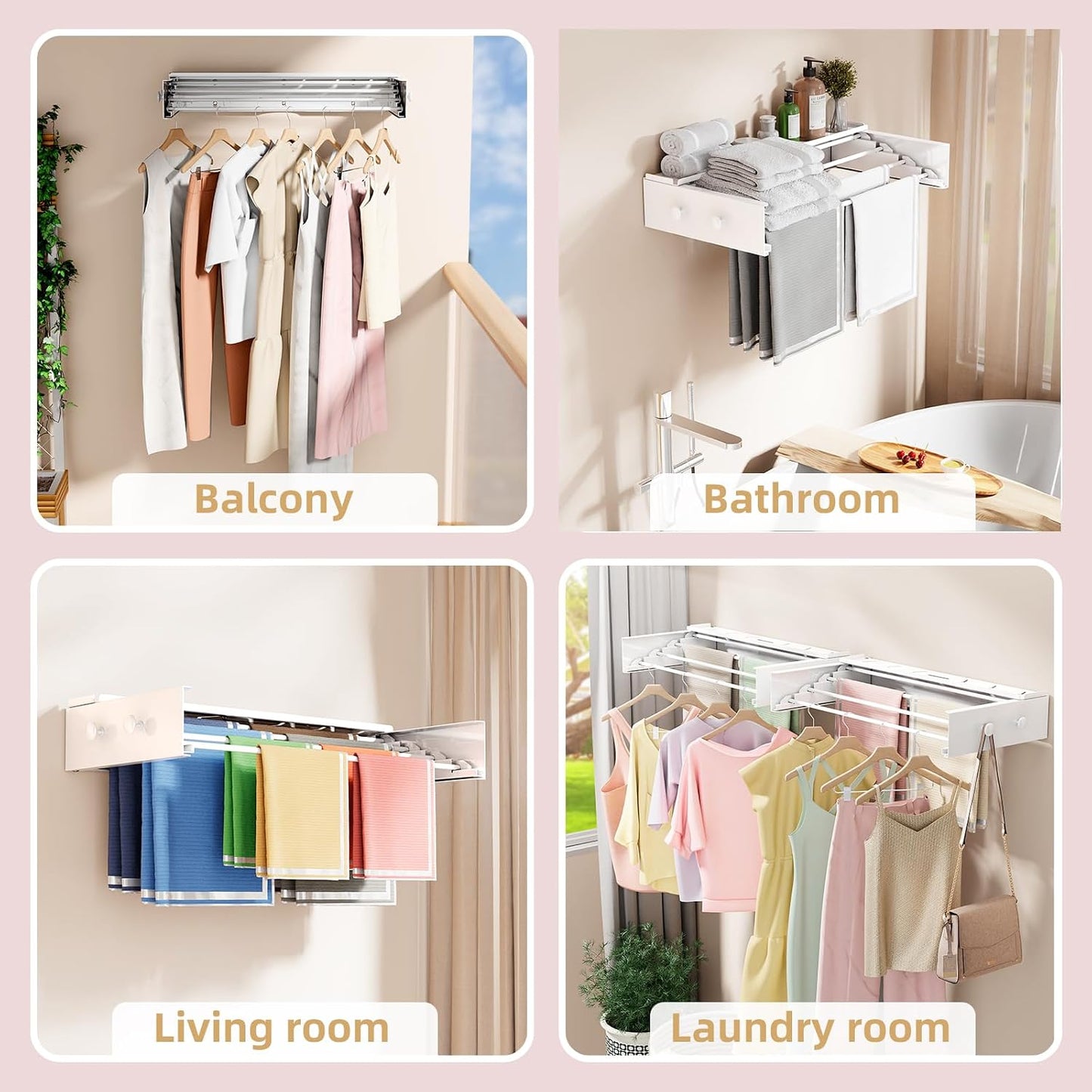 Wall Mounted Drying Rack 23.6'', Foldable Laundry Drying Rack Wall Mount with 4 Towel Hooks and 4 Rods, Space Saving Drying Rack Clothing for Indoor Outdoor Bathroom Balcony (White, 23.6'')