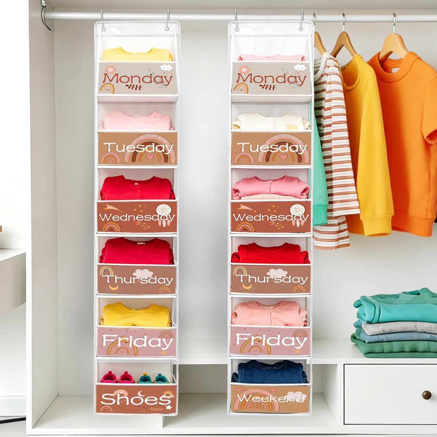 2 Pack Weekly Clothes Organizer for Kids, 6 Shelf Hanging Closet Organizer with Clear Window, Foldable Days of the Week Over the Door Outfit Organizer with Labels for Closet School