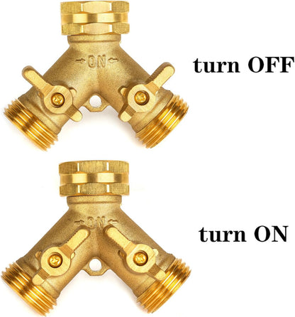 Garden Hose Splitter 2 Way Heavy Duty, Brass Faucet Adapter With Long Handle For Gardening Water Hose Shut Off Valve Hose Connector Fittings Outdoor Water Spigot Hose Bib Y Splitter