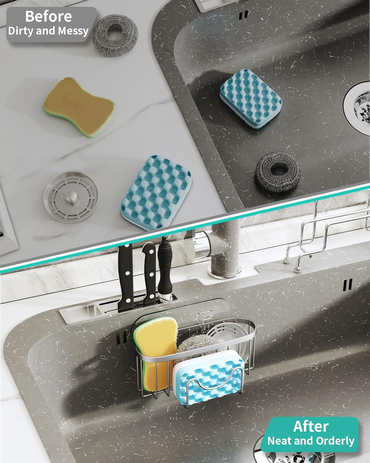 HapiRm Multifunctional Sponge Holder with Unique M-Shaped, 2 Installation Methods Kitchen Sink Caddy Organizer, Rustproof Stainless Steel Kitchen Organizers and Storage Essentials - Black