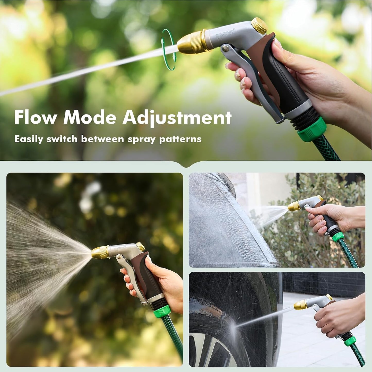 RESTMO Metal Water Hose Nozzle, Heavy Duty Garden Hose Sprayer for Outdoor | Adjustable Brass Spray Head, 4 Watering Patterns, Jet | Mist | Cone | Full, Leak-proof, Ideal for Lawn & Plant & Car, Green