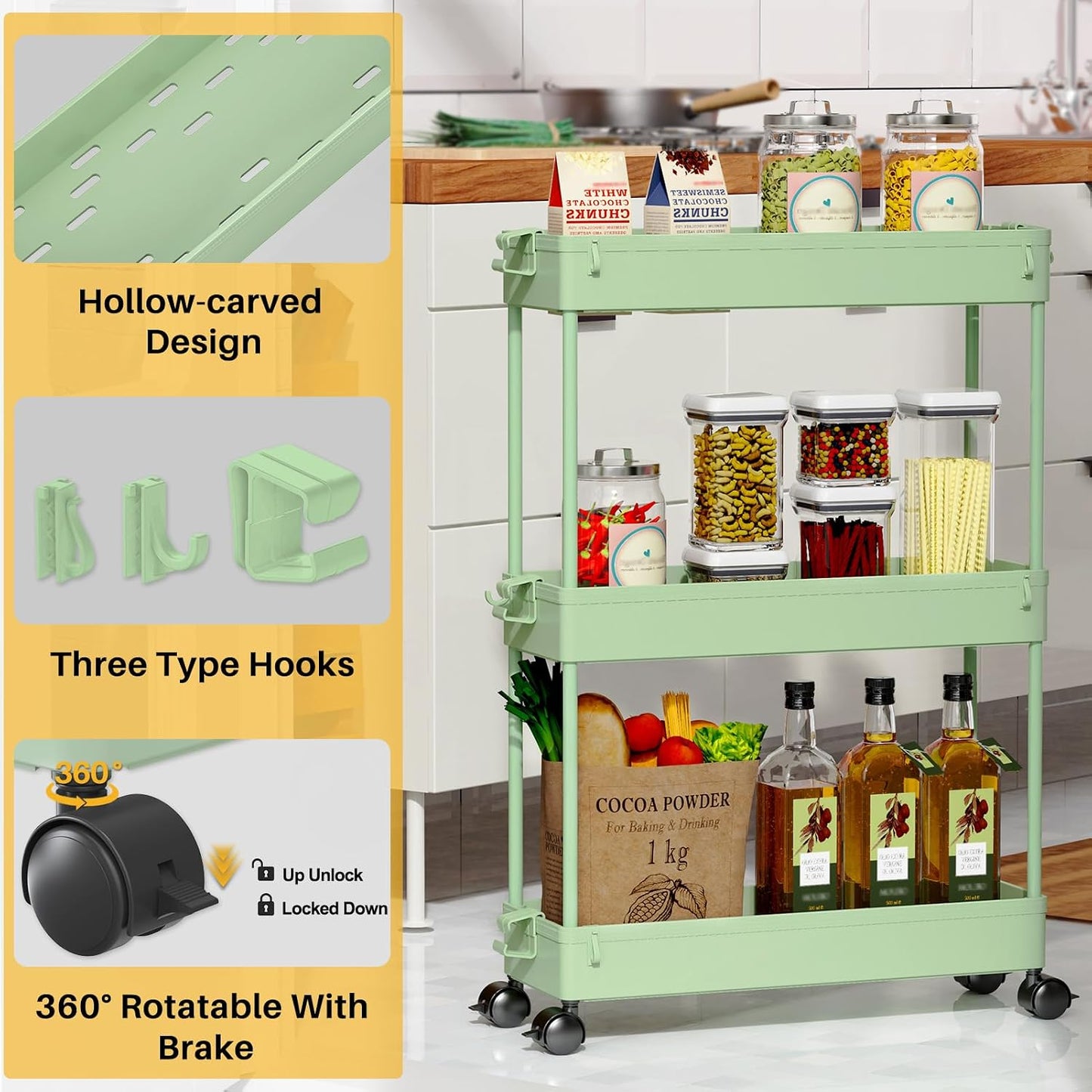 SPACEKEEPER Slim Rolling Storage Cart, 3 Tier Bathroom Storage Organizer Laundry Room Utility Cart Mobile Shelving Unit, Multi-Purpose for Kitchen Office Bathroom Laundry Narrow Places, Black