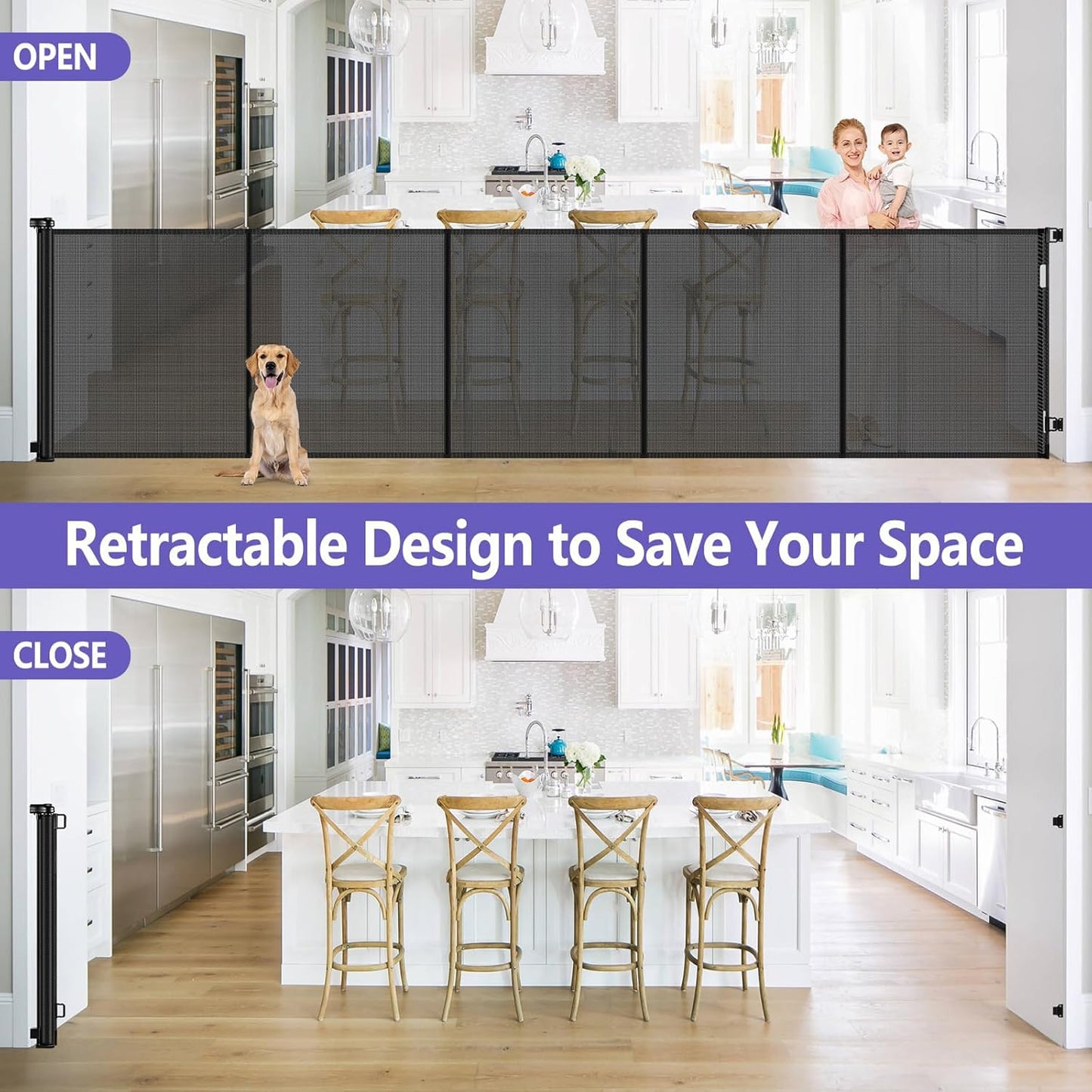 Newly Enhanced - 42" Tall × 120" Extra Wide Retractable Baby Gate Keeps Pets from Getting Under Tall Dog Gate, Indoor/Outdoor Baby Gates for Dogs, Retractable Dog Gate for Large Openings, White
