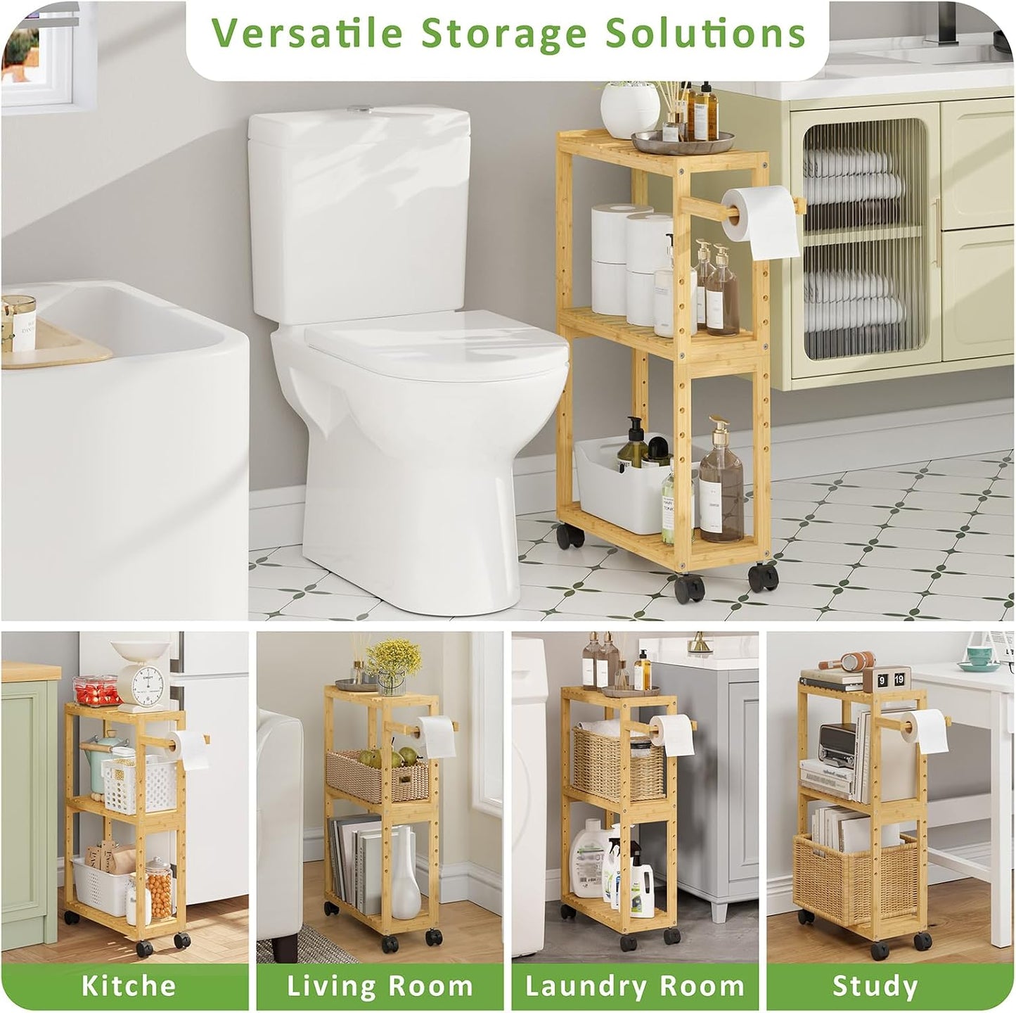 RRX Toilet Paper Holder with 3 Tier,16.14''Dx7.08''Wx28.35''H (Beige) | Small Bathroom Rolling Bamboo Mobile Storage Corner Shelf Cabinet for Narrow Spaces, Freestanding Slim Kitchen Organizer