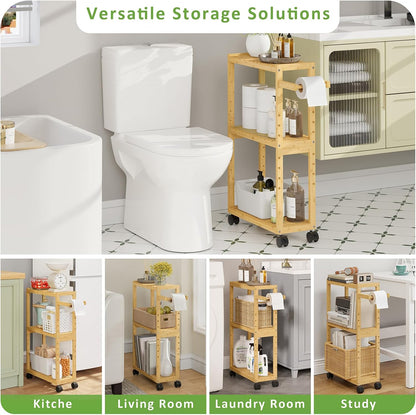 RRX Toilet Paper Holder with 3 Tier,16.14''Dx7.08''Wx28.35''H (Beige) | Small Bathroom Rolling Bamboo Mobile Storage Corner Shelf Cabinet for Narrow Spaces, Freestanding Slim Kitchen Organizer