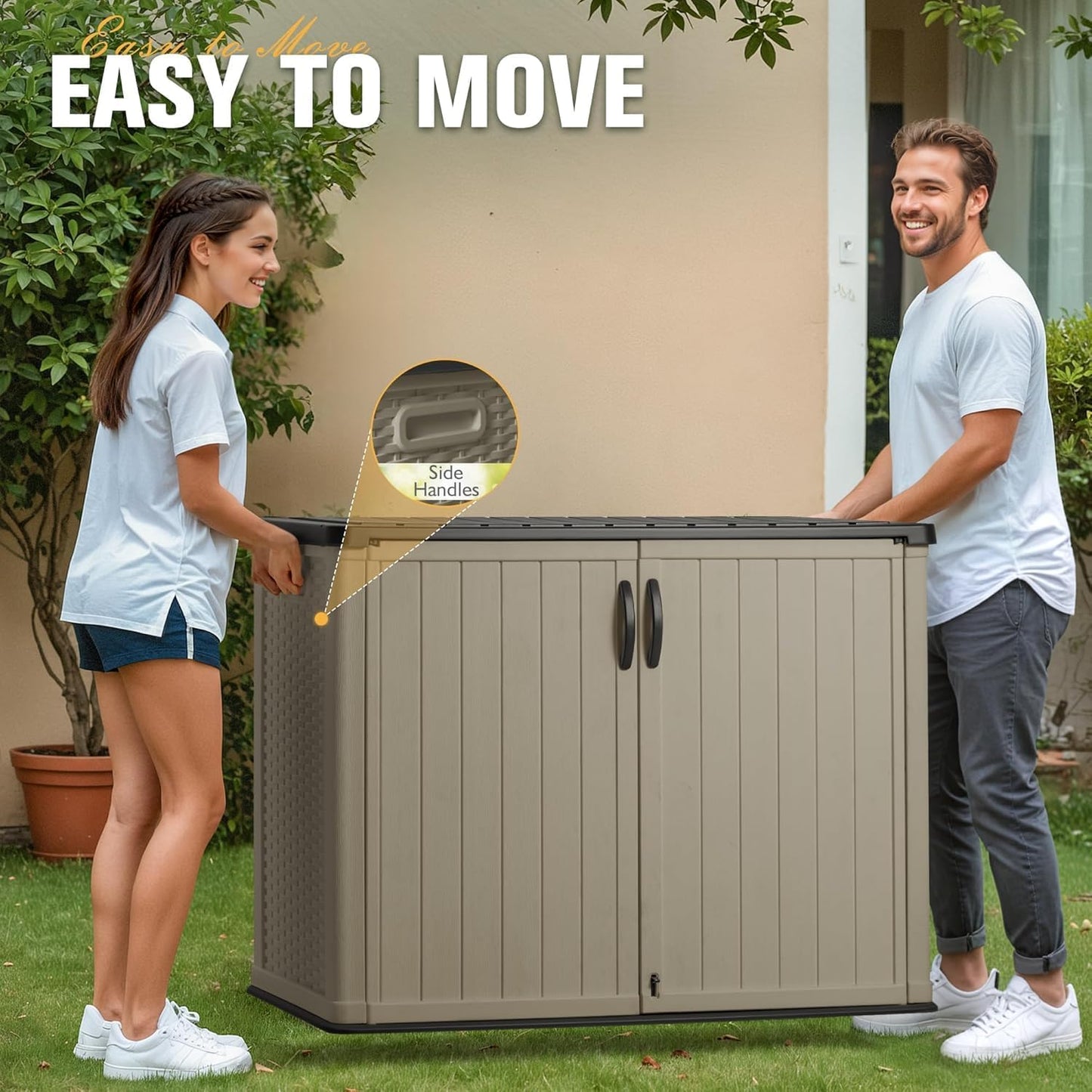 Greesum Outdoor Storage Cabinet, 26 CUFT Deck Box Without Shelves, Waterproof Plastic Storage Shed for Patio Cushions, Gardening Tools, Lockable and Sidehandles, UV Resistant, Beige