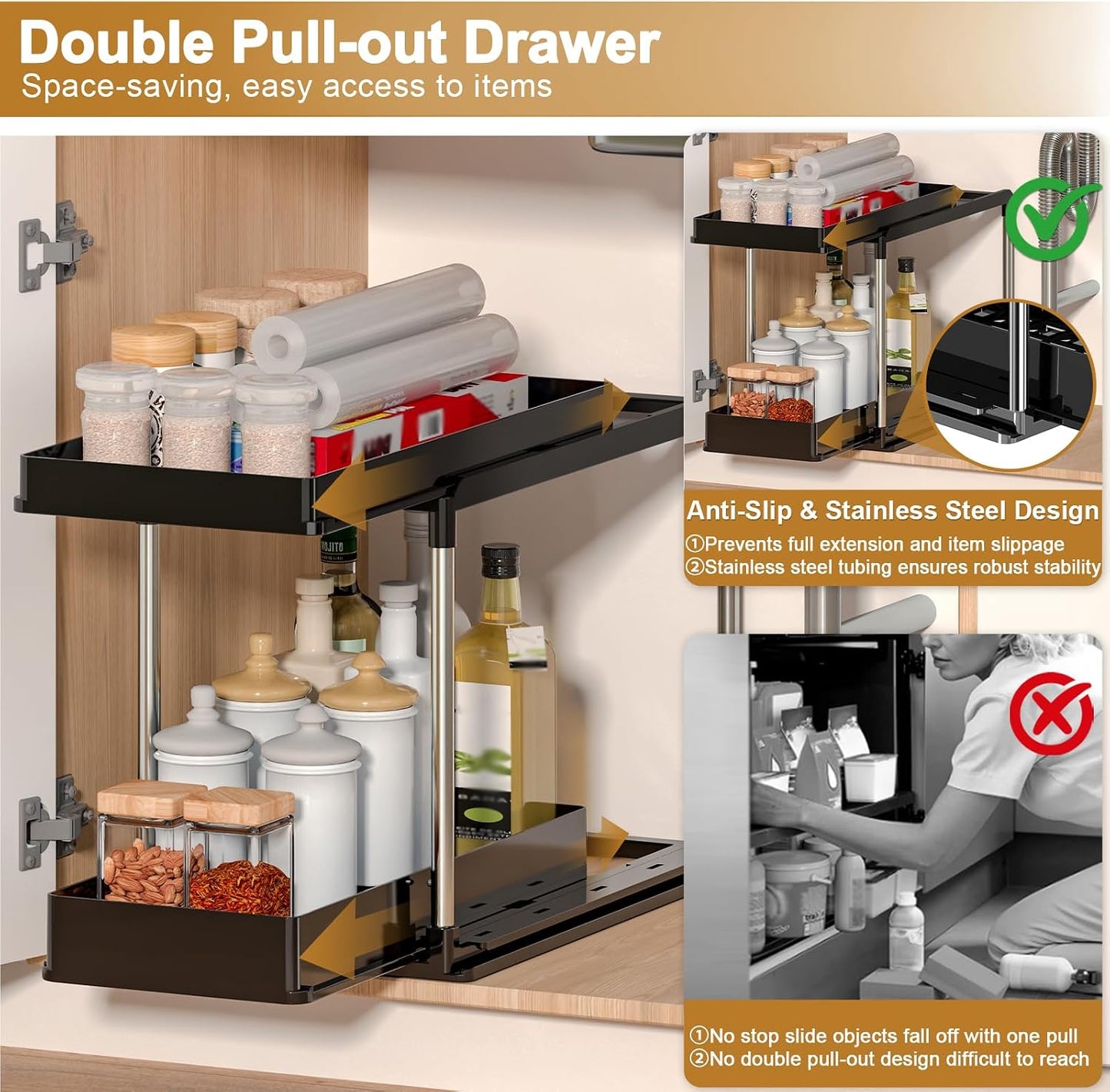 NIUXX Expandable Under Sink Organizer: 2 Tier Height Adjustable Under Cabinet Organizer - Double Pull Out Shelf Under Sink Storage for Kitchen - Bathroom and Laundry Room - Space Saving