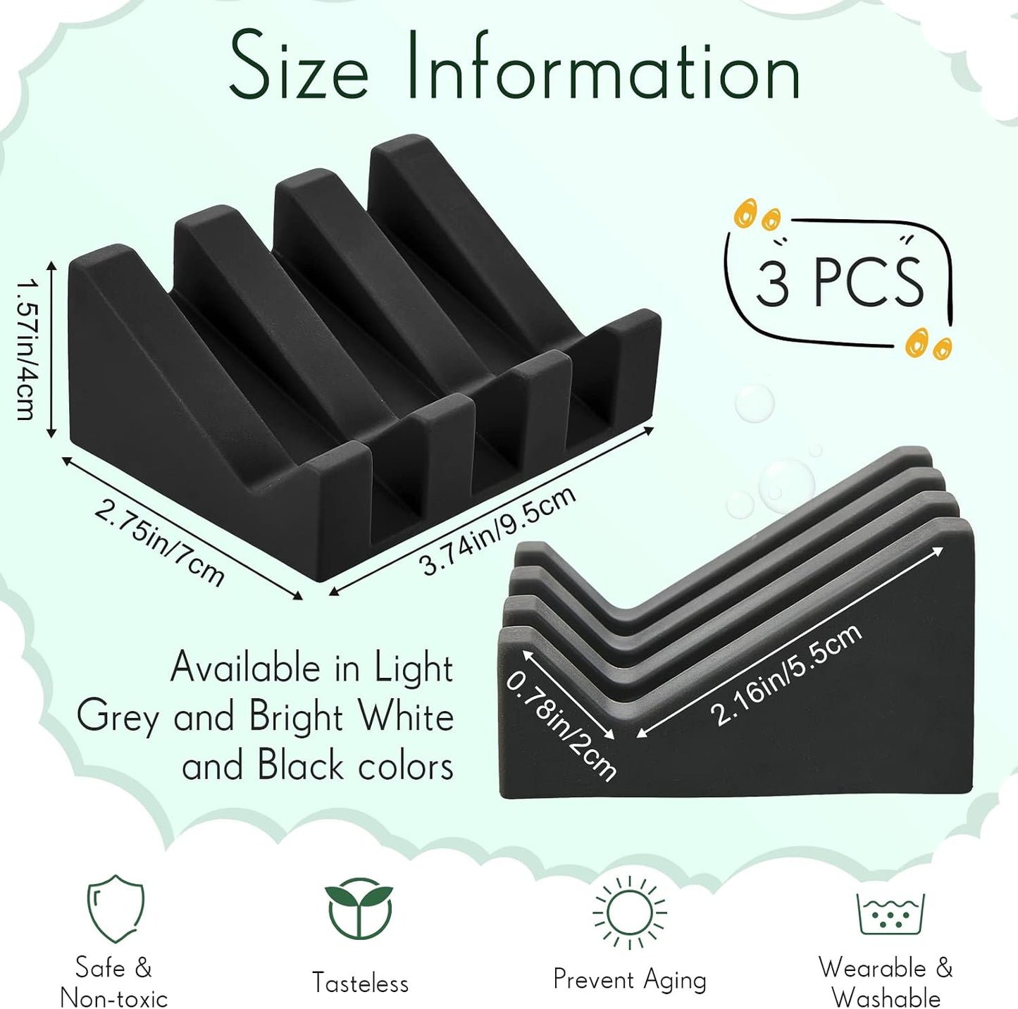 Cunhill 2 Pieces Silicone Soap Dish Self Draining Soap Dish Shower Waterfall Bar Soap Holder Tray with Drain Soap Saver for Kitchen Bathroom Accessories (Black)