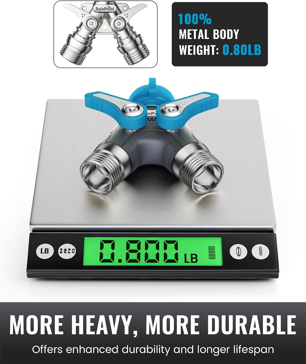 RAINPOINT 2 Way Garden Hose Splitter | Heavy Duty Water Spigot Splitter with Shutoff Valves, 100% Metal Body, 1.9" Extra Long Metal Handle, 3/4" GHT Thread