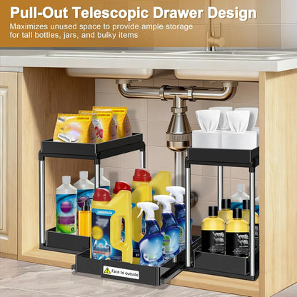 NIUXX Expandable Under Sink Organizer: 2 Tier Height Adjustable Under Cabinet Organizer - Double Pull Out Shelf Under Sink Storage for Kitchen - Bathroom and Laundry Room - Space Saving