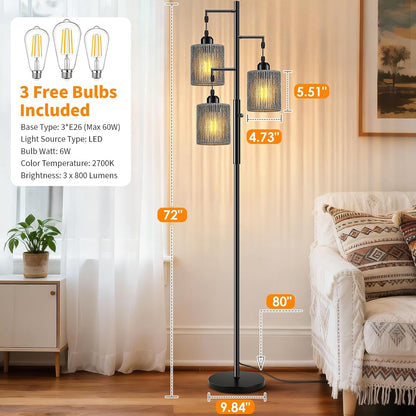 Hotsonic 72" Tall Boho Rattan Style Floor Lamp with Hand-Woven Paper Cord Shade, Dimmable Industrial Tree Standing Lamp for Living Room, Bedroom, Study Room, Office (3 x 800LM Bulbs Included) - Black