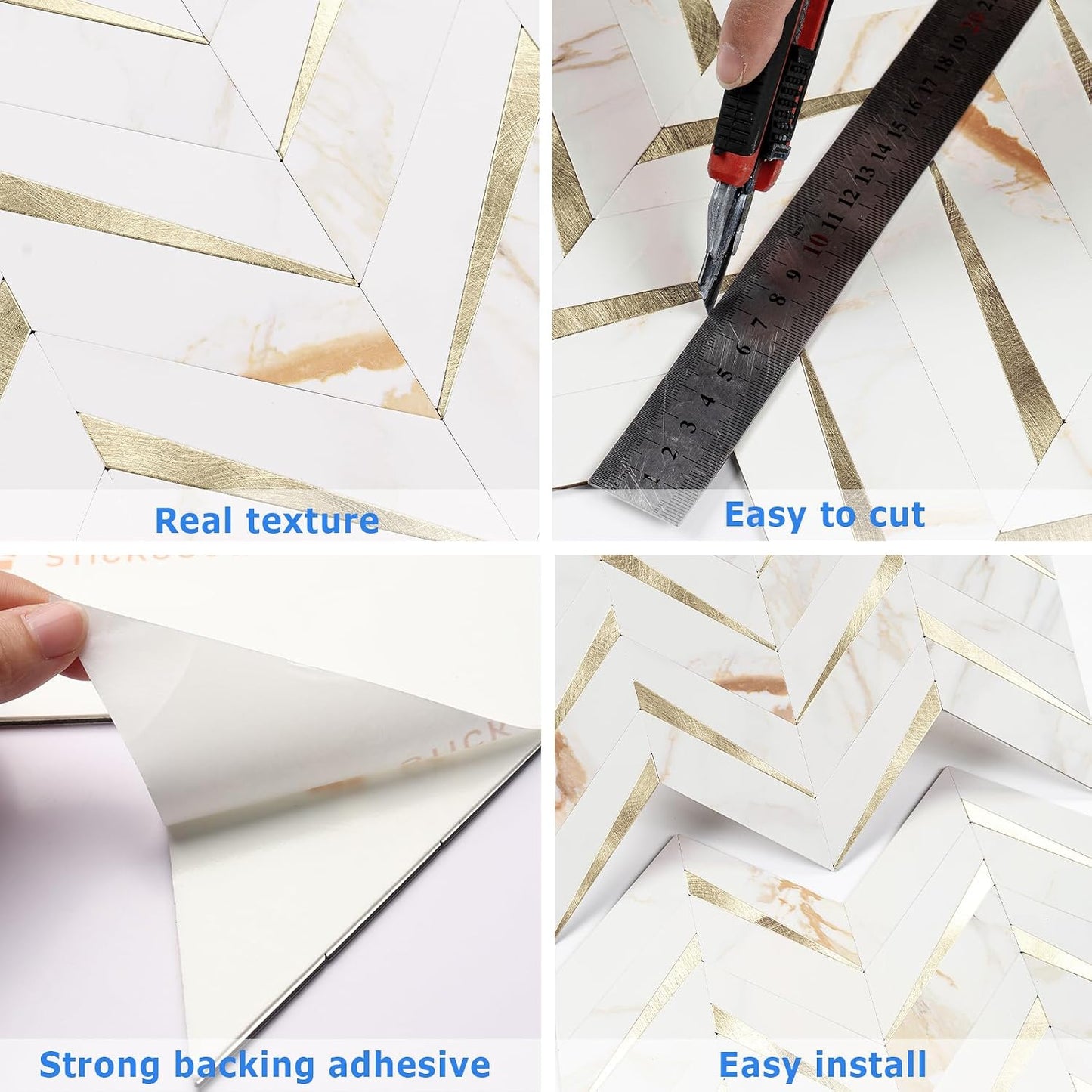 STICKGOO 10-Sheet Herringbone Tile Peel and Stick Backsplash, Beige Mixed Metal Gold PVC Stick on Backsplash, Self Adhesive Wall Tile for Kitchen and Bathroom