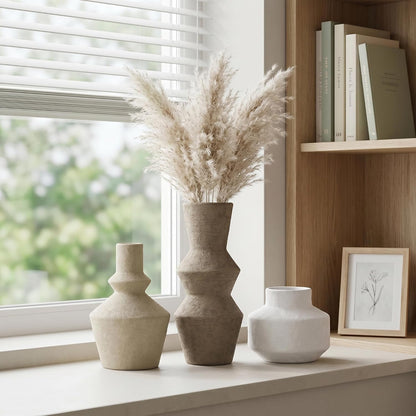 DREAMLOOM Ceramic Vase Set of 3, Modern Rustic Flower Vases for Pampas Grass, Dried & Fresh Flowers, Farmhouse Home Decor Vase for Living Room Bedroom Kitchen Shelf Centerpiece, Classic
