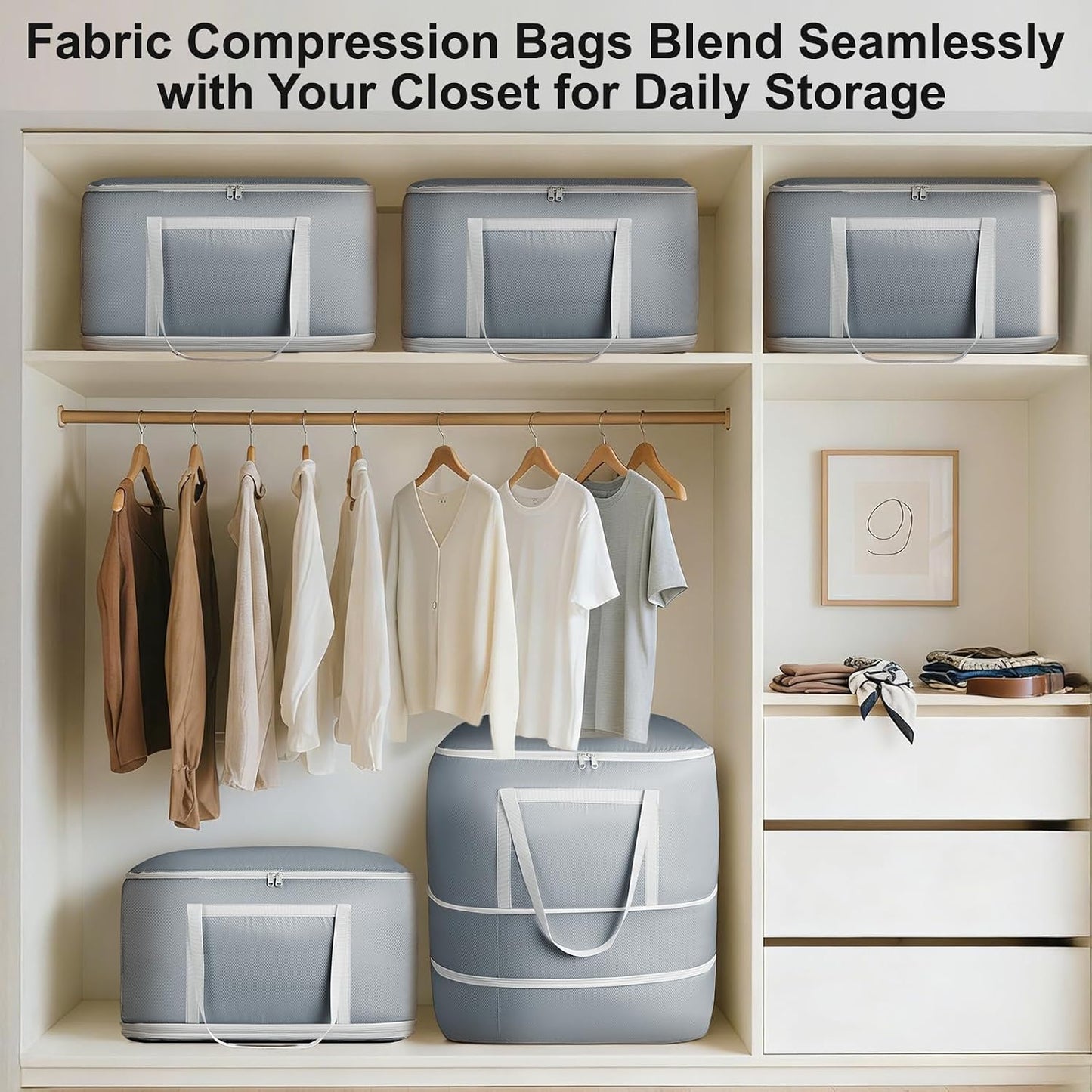 Comforter Storage Bag - Large Capacity Blanket Storage Bags 3-Layer Ultra Space Saving Self Compression Organizer, Washable Compression Bags for Storage Comforter Blanket, 2-Pack, Beige
