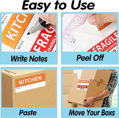 400 Pcs Large Home Moving Packing Box Labels, 1.65 x 3.5 Inches | 6-Color Coded, Fragile Labels Included, Blank Customizable Labels, Packing Box Stickers