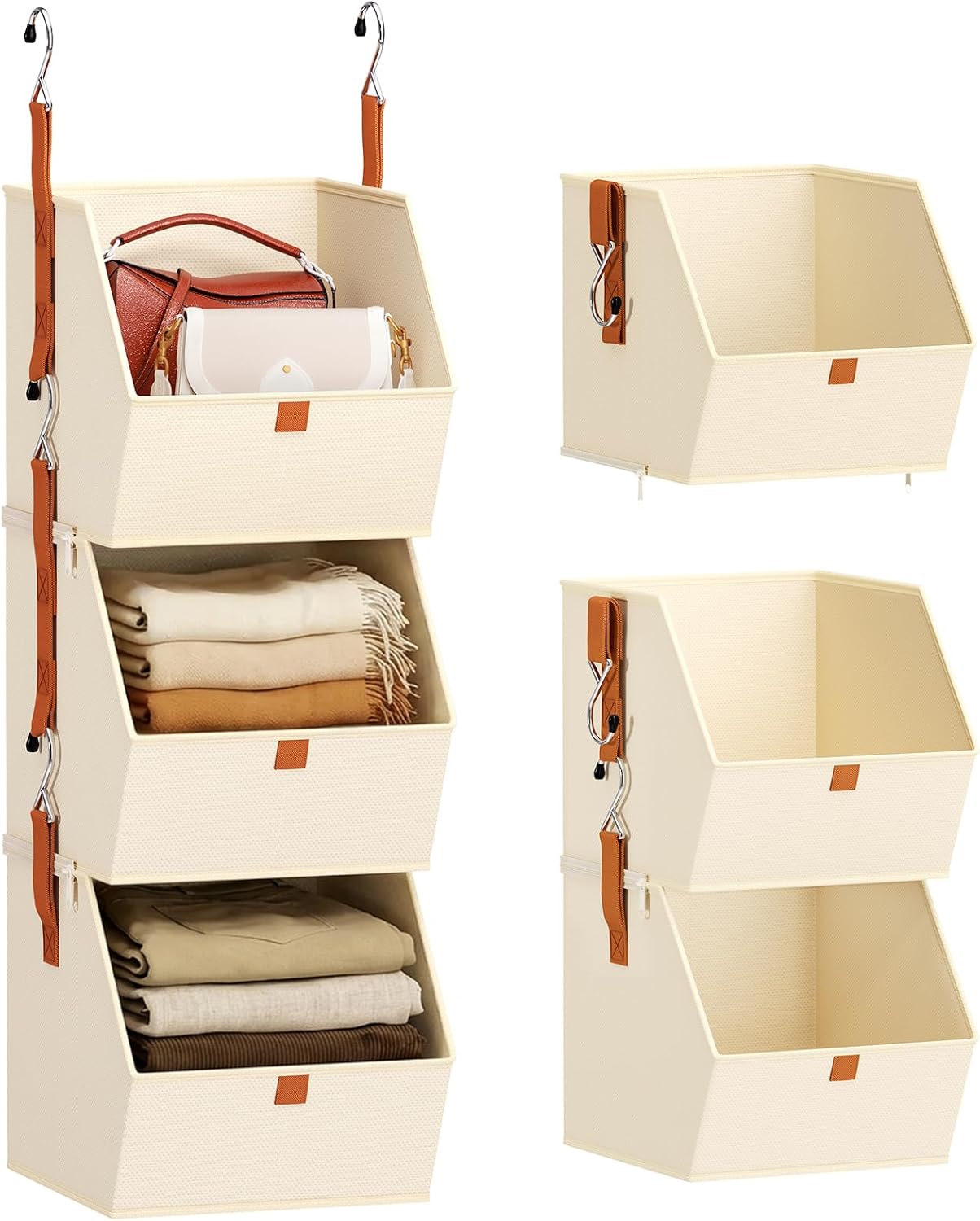 Homsorout Hanging Closet Organizer 4 Tier - Clothes Hanging Shelves, Space-Saving Closet System, Fabric Storage Bins Bedroom Organization, Collapsible Baskets for Home, Dorm, Rv, Beige