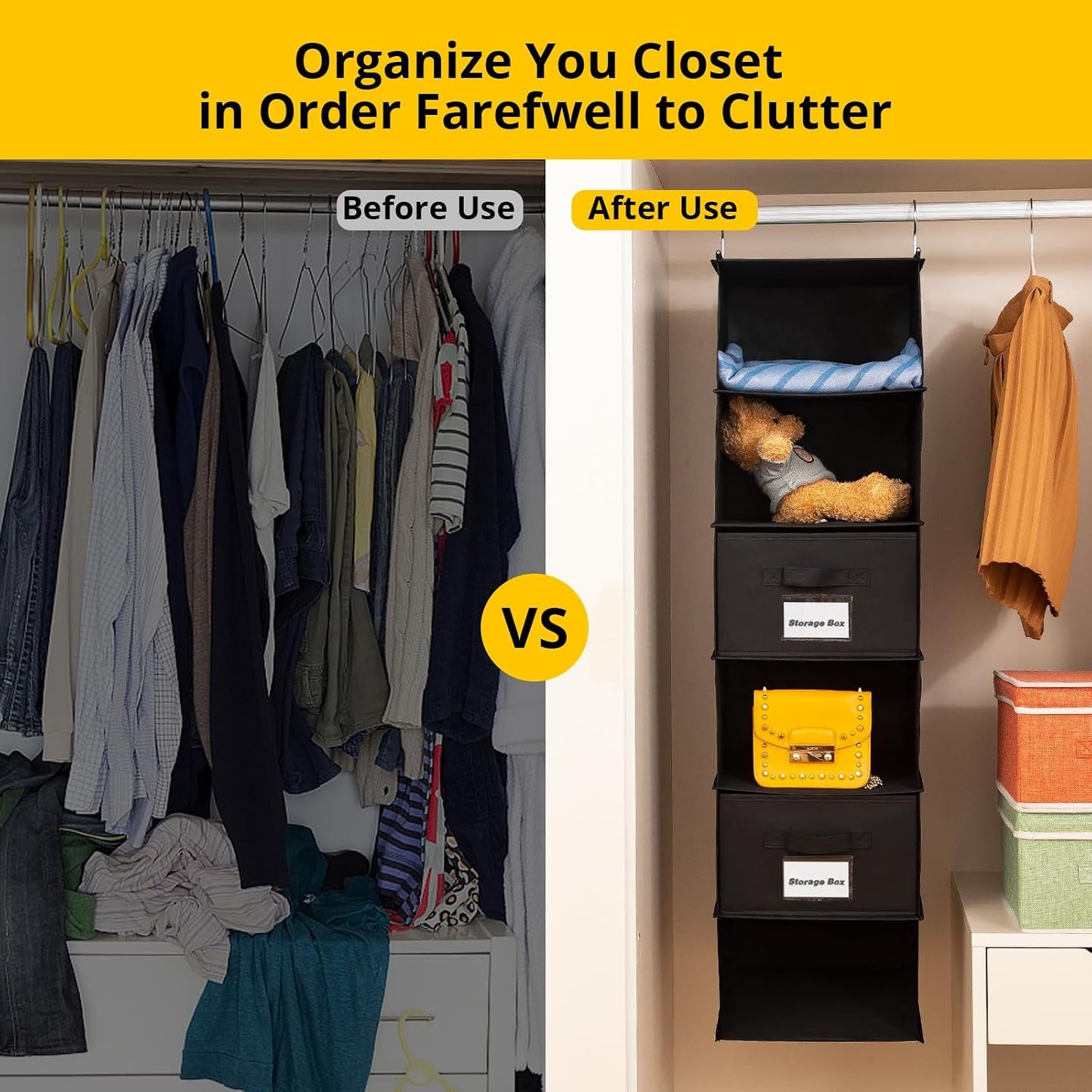 BrilliantJo 2 Pack Hanging Closet Organizer, 5 Shelves Hanging Storage with 6 Side Pockets for Clothes Shoes, 43"x12"x12"(Black)