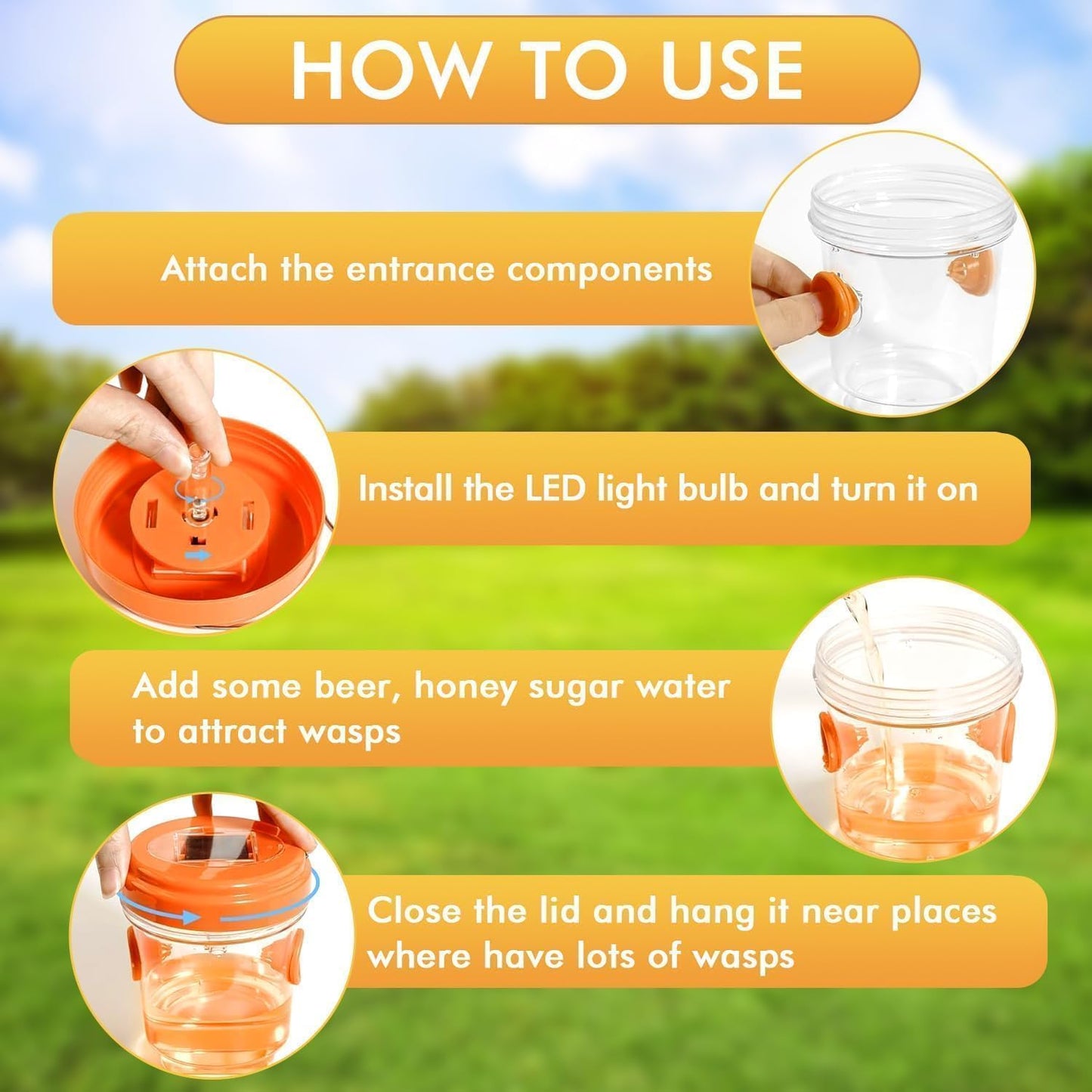 Wasp Trap Outdoor Hanging, Solar Powered Bee Trap Hornets Yellow Jacket Traps Reusable, Bee Wasp Catcher for Garden Patio Yard Orchard, 4 Packs