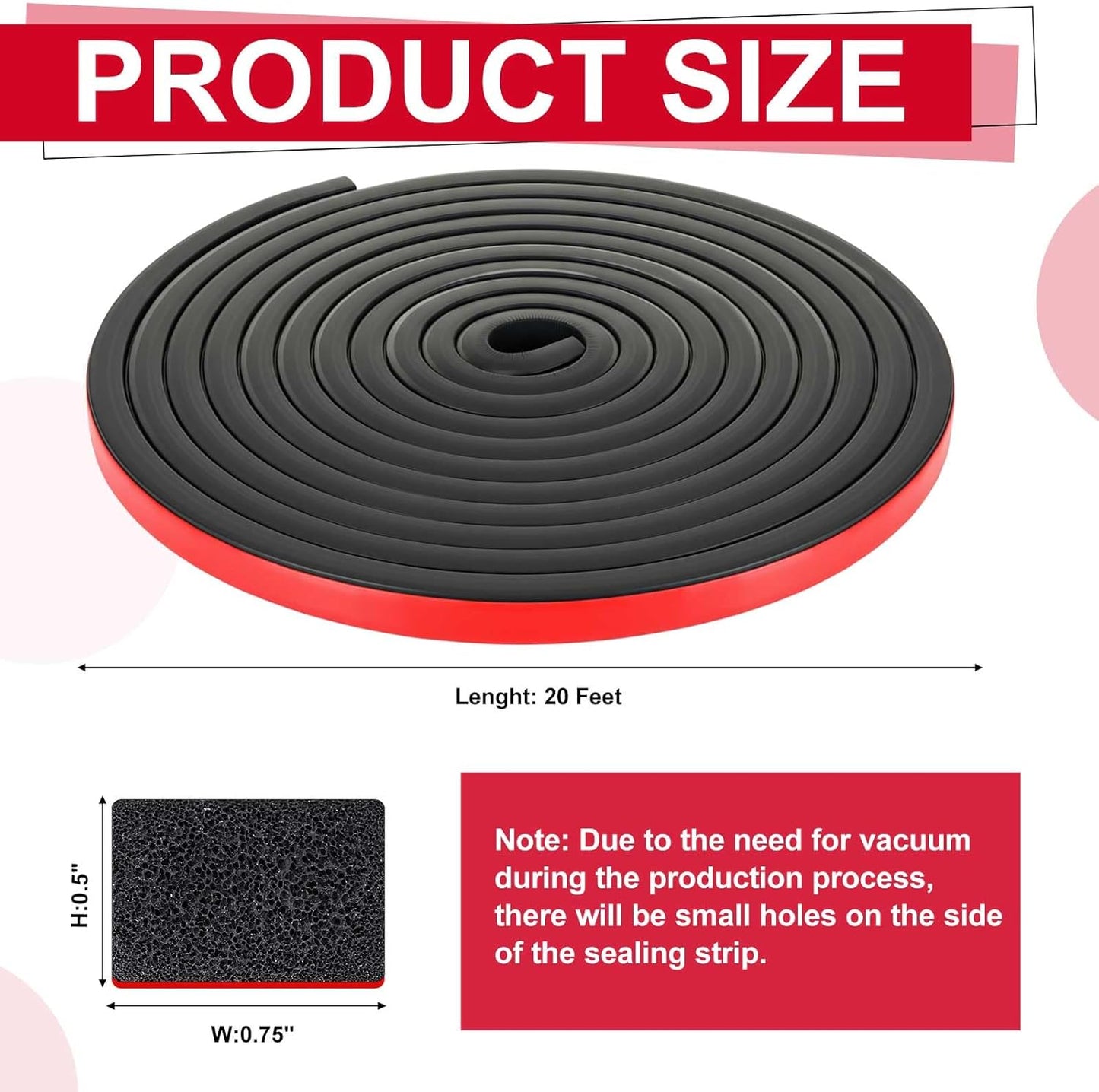 Pangda 20 Ft Rectangular Rubber Seal Strip with Self-Adhesive Tape, 1" W x 1/2" H Foam Rubber Weather Stripping for Boat, Automobile, RV, Ship, Garage Door/Window Seal, Black (Double Hole)