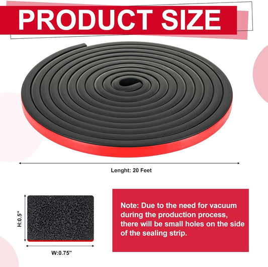 Pangda 20 Ft Rectangular Rubber Seal Strip with Self-Adhesive Tape, 1" W x 1/2" H Foam Rubber Weather Stripping for Boat, Automobile, RV, Ship, Garage Door/Window Seal, Black (Double Hole)