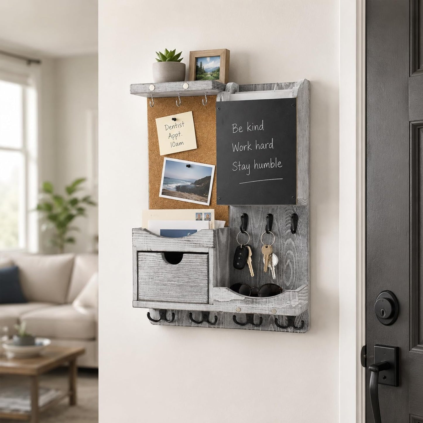 Key Holder for Wall Mount with Shelf and Mail Organizer, Key and Mail Holder with 16 Hooks, Farmhouse Entryway Organizer, Home Decor Rack (Pine Wood, Black)