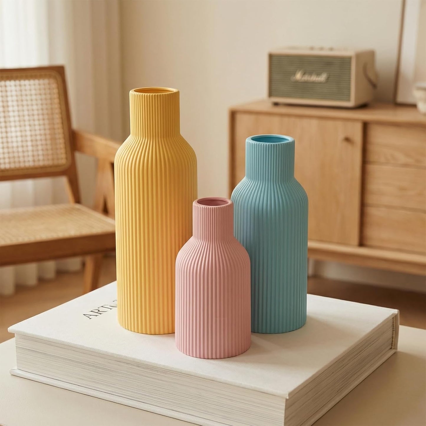 White Ceramic Flower Vases Set of 3, Modern Matte Vertical Ribbed, Nordic Minimalist Decor for Pampas, Dried & Fresh Flowers, Centerpiece for Living Room, Shelf, Entryway, Wedding,Office