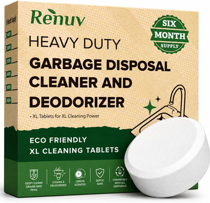 Renuv® Garbage Disposal Cleaner & Deodorizer Tablets, 12 XL Tablets | Foaming Citrus Scent, Drain Freshener, Kitchen Sink Odor Refresher For Garbage Disposer Cleaning