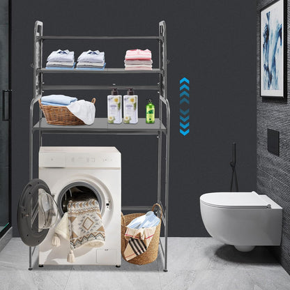 3-Tier Over The Washer and Dryer Storage Shelf, Washing Machine Shelf with Adjustable Height & Hooks, Over Toilet Laundry Room Drying Storage Rack with Pigboard, Space Saver (Gray)