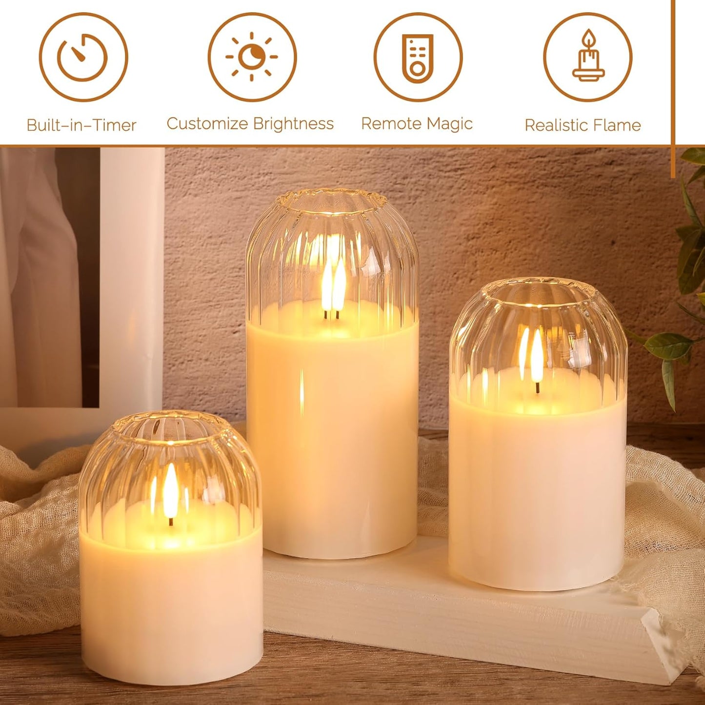 Grey Glass Flameless Pillar Candles with Remote, Flickering Battery LED Candles Table Decor Gift Set of 3