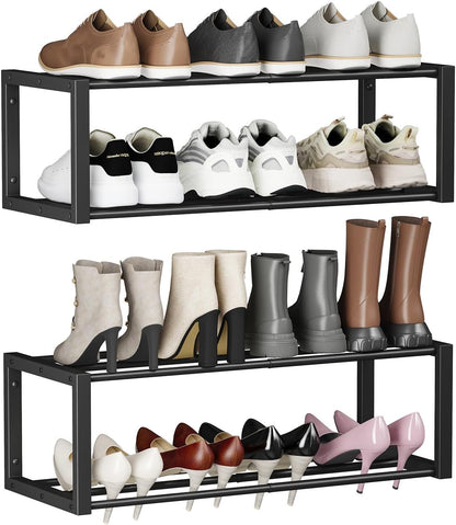 Homeiju Hanging Shoe Organizer,2 Pack Wall Mounted Shoe Rack Holds 12 Pairs,Space Saving Metal Wall Shoe Rack,Hanging Shoe Rack Shoe Holder for Small Space,Entryway,Closet,RV,Camper（Black