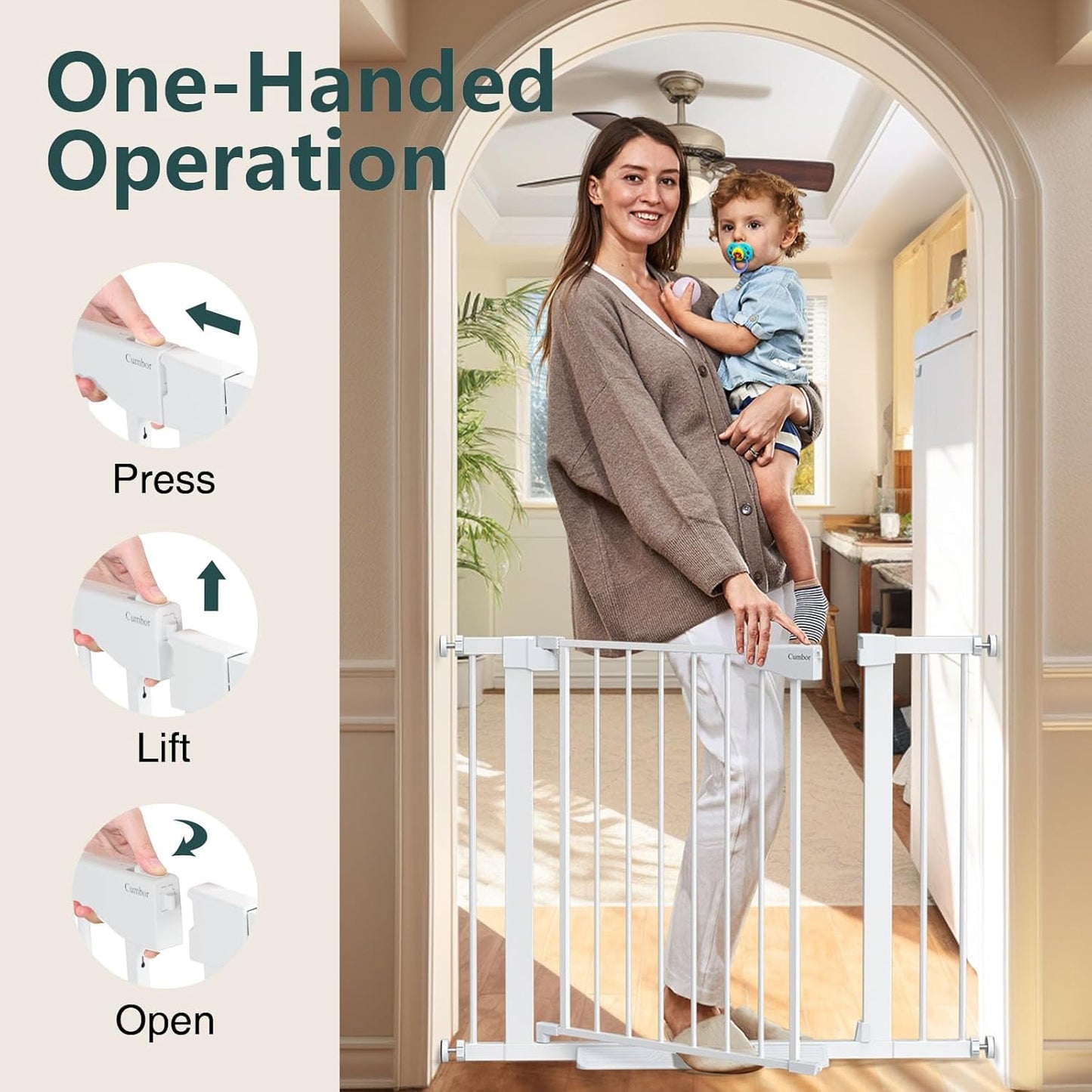 Cumbor 29.7-48" Baby Gate for Stairs, Mom's Choice Awards Winner-Dog Gate for Doorways, Auto Close Safety Pet Gate for Dogs Indoor, Easy Install Pressure Mounted Child Gate with Walk Thru Door, Brown